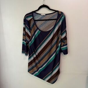 Rue Juju Womens XL Diagonal Stripe Scoop Neck Asymmetrical Hem 3/4 Sleeve Top